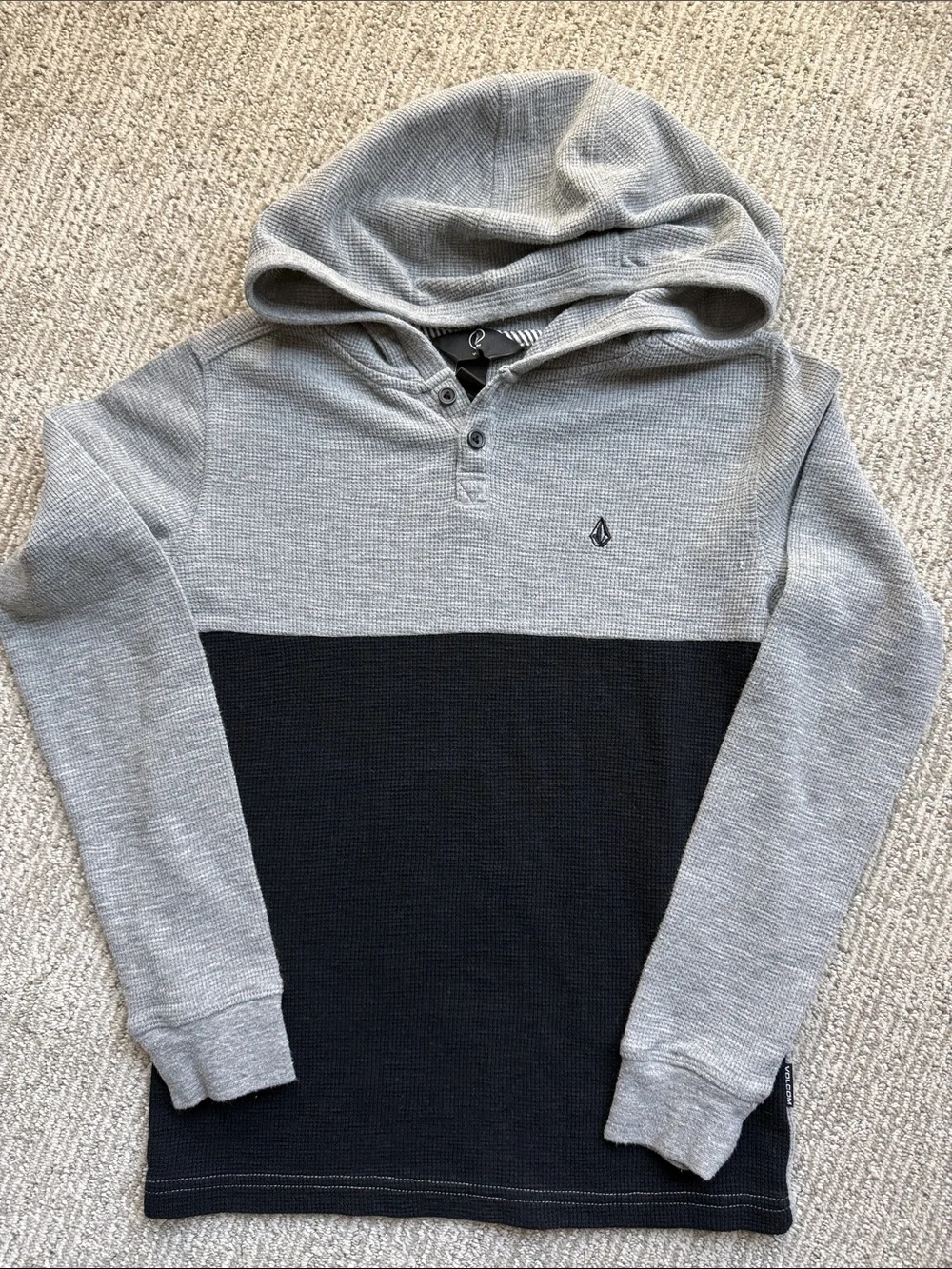 Volcom Two-Tone Gray and Black Hooded Waffle Henley
